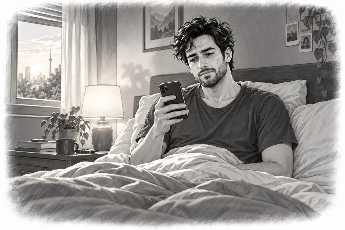 Buddy sits in bed looking at his phone at the start of the day.